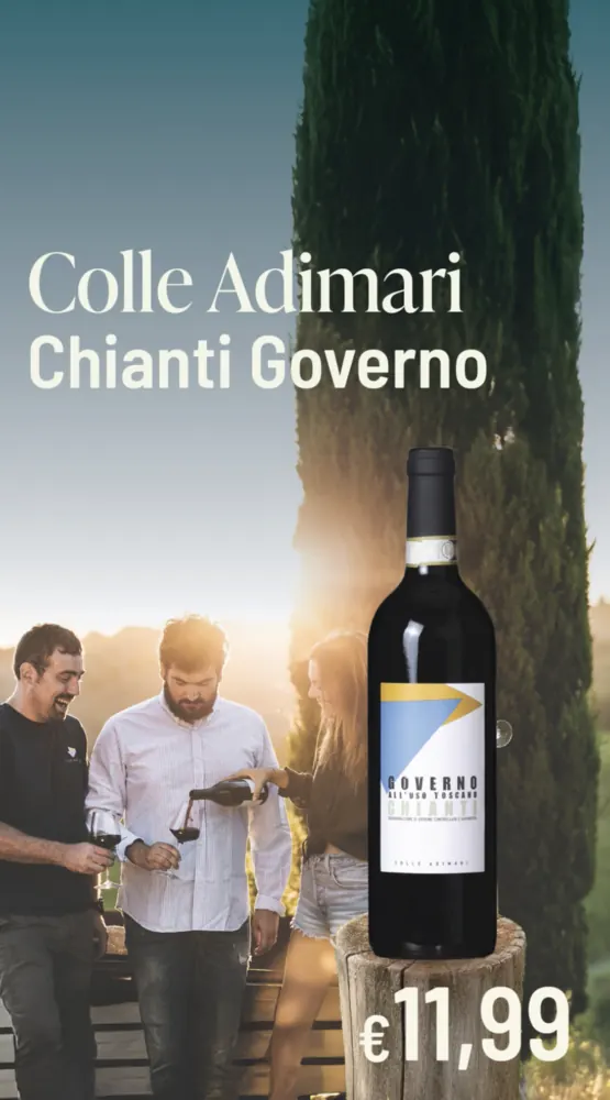 Advertentie voor Colle Adimari Chianti Governo met twee wijnboeren en de prijs van 11,99 euro