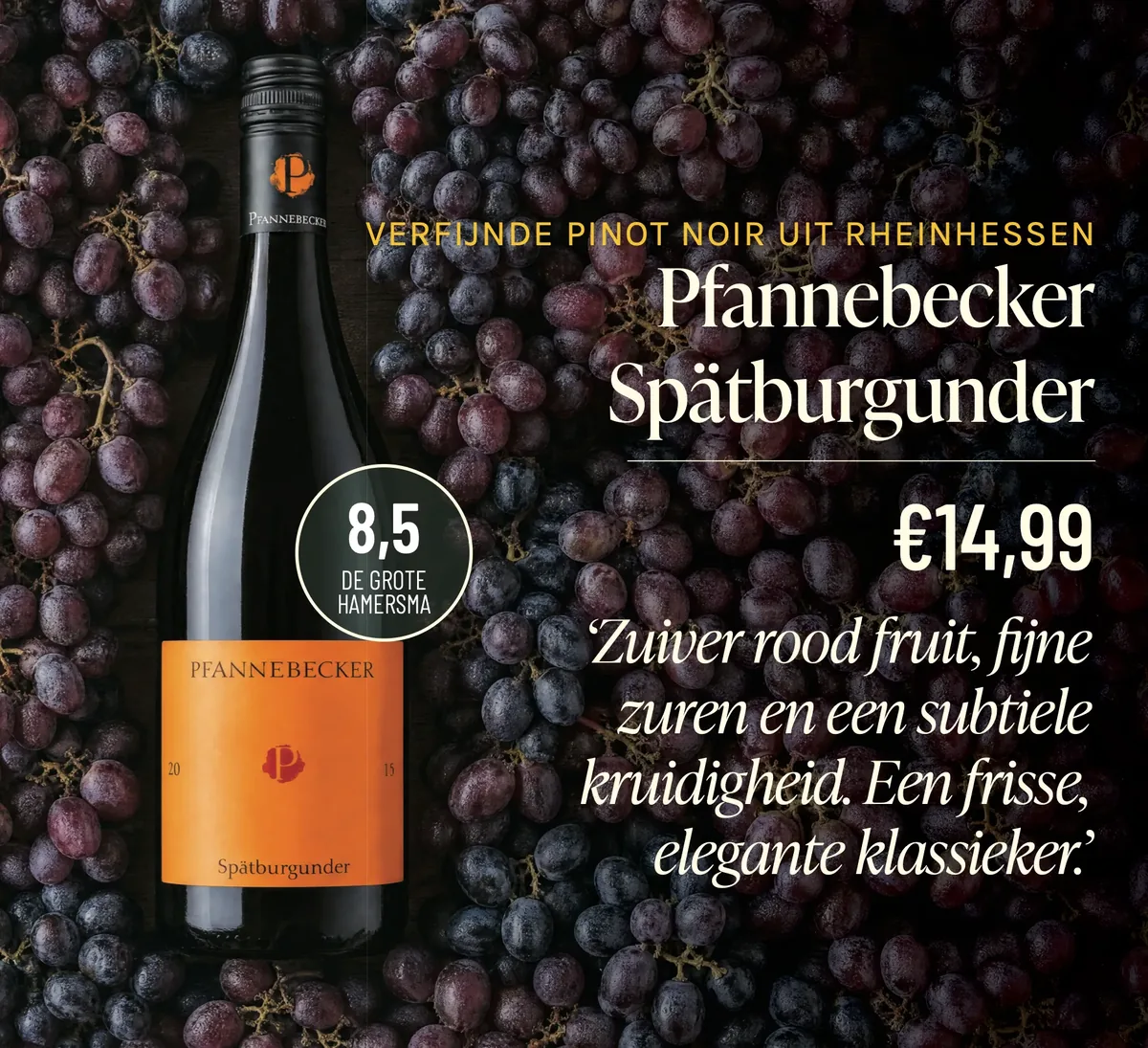 Advertentie voor Pfannebecker Spätburgunder: fles op donkere druiven, met score en quote