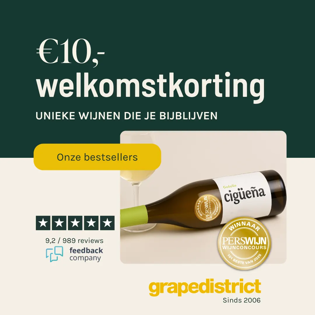 Advertentie: tien euro welkomstkorting, met een fles Cigüeña en vijf sterren