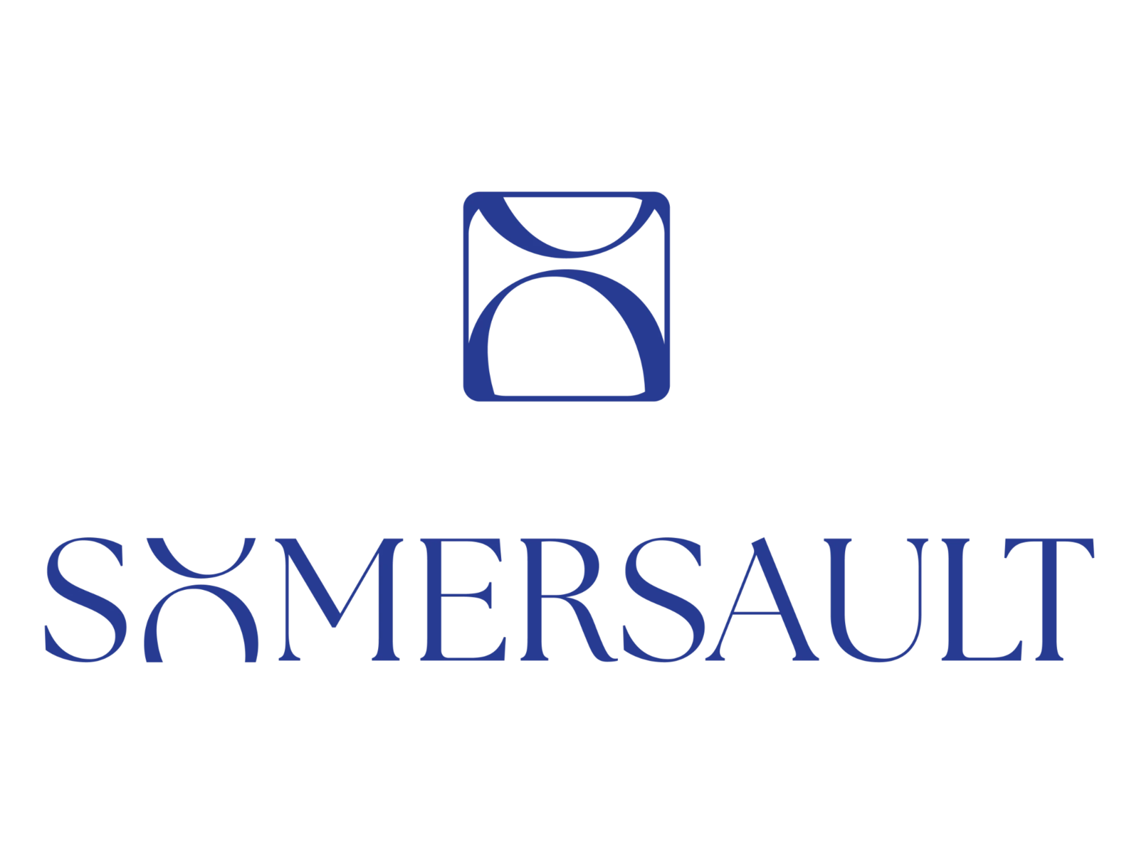 Het Somersault-logo met beeldmerk, in navy op wit