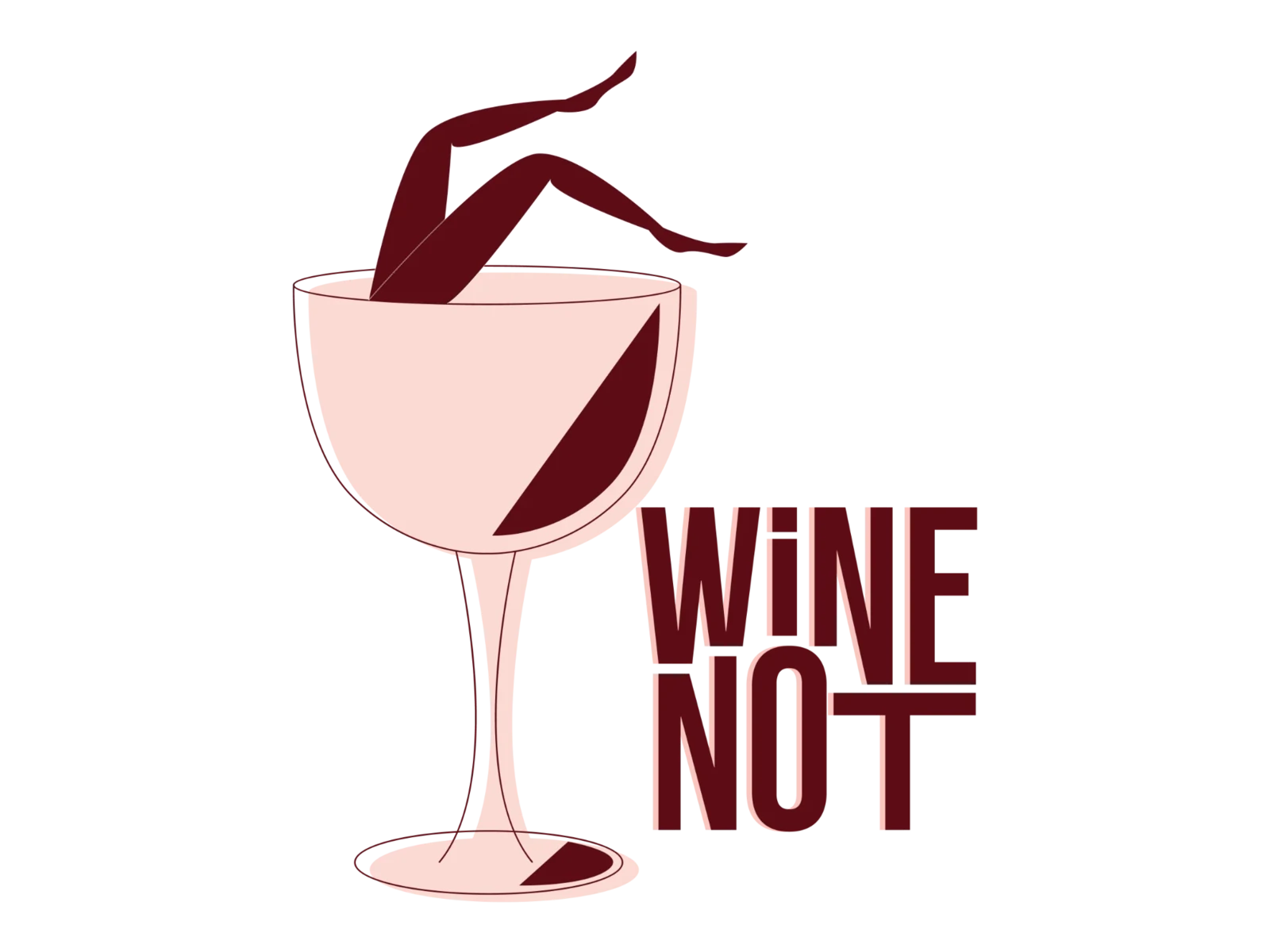 Het Wine Not-logo: een wijnglas waar twee benen uit steken, in bordeaux en roze