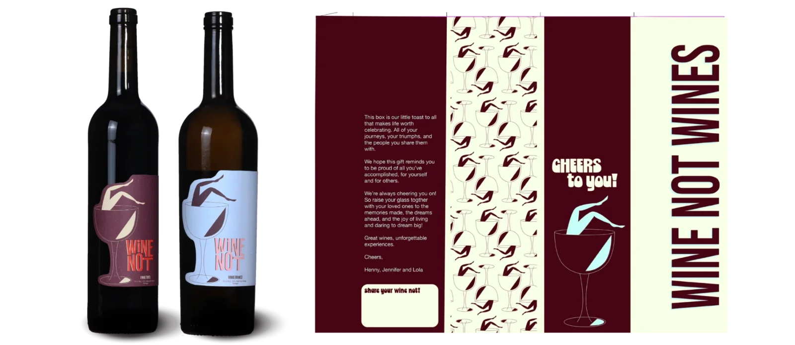 De twee flessen Wine Not, rood en wit, naast het uitgevouwen ontwerp van de geschenkdoos in burgundy en botergeel