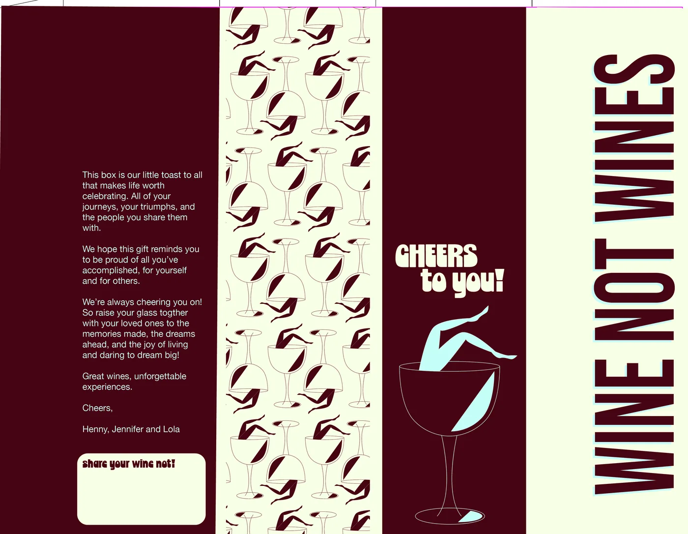 Uitgevouwen ontwerp van de geschenkdoos: burgundy en botergeel, met het glas-patroon en de tekst Wine Not Wines