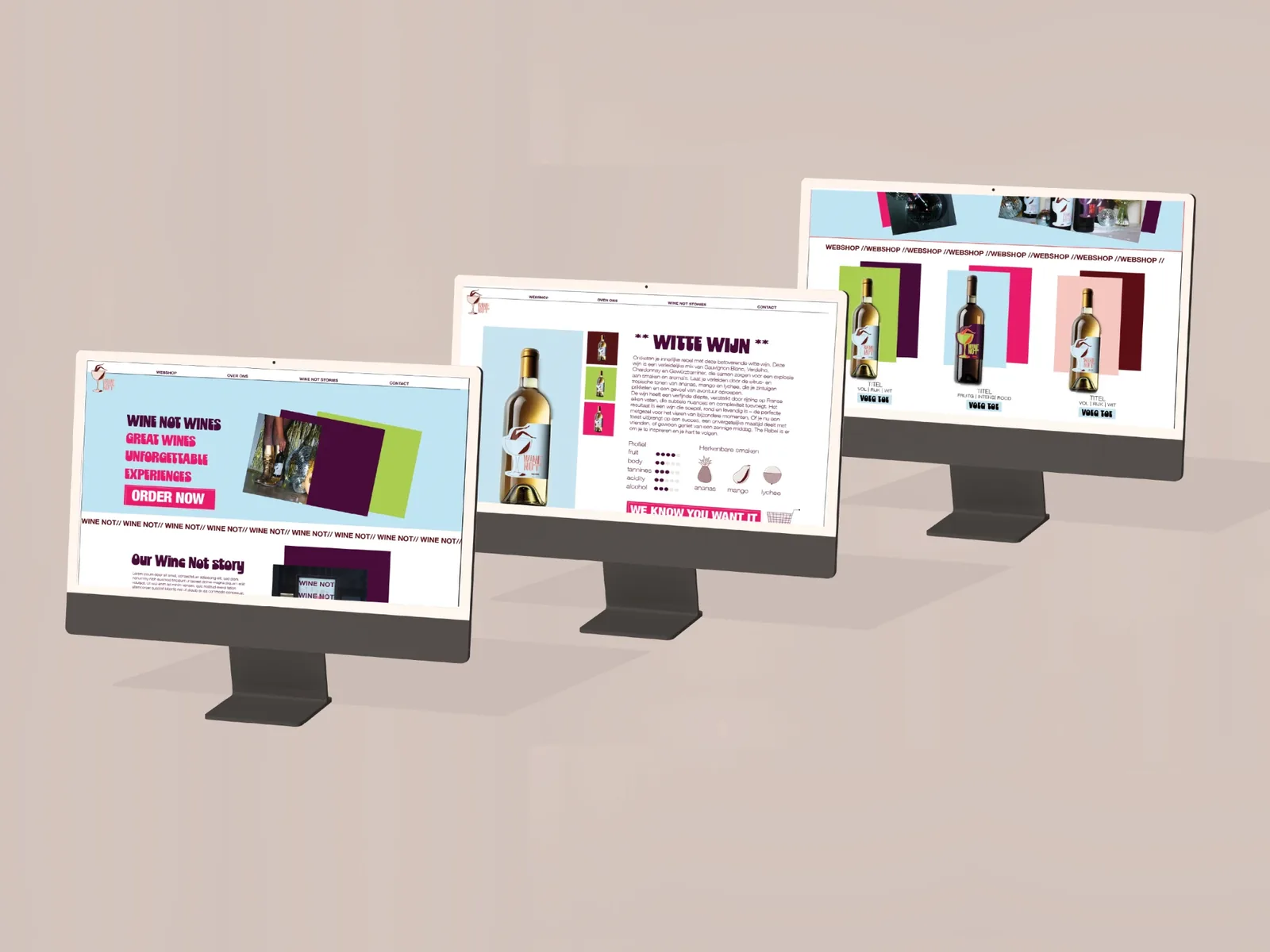 Drie schermen van de Wine Not-webshop: homepage, productpagina en overzicht
